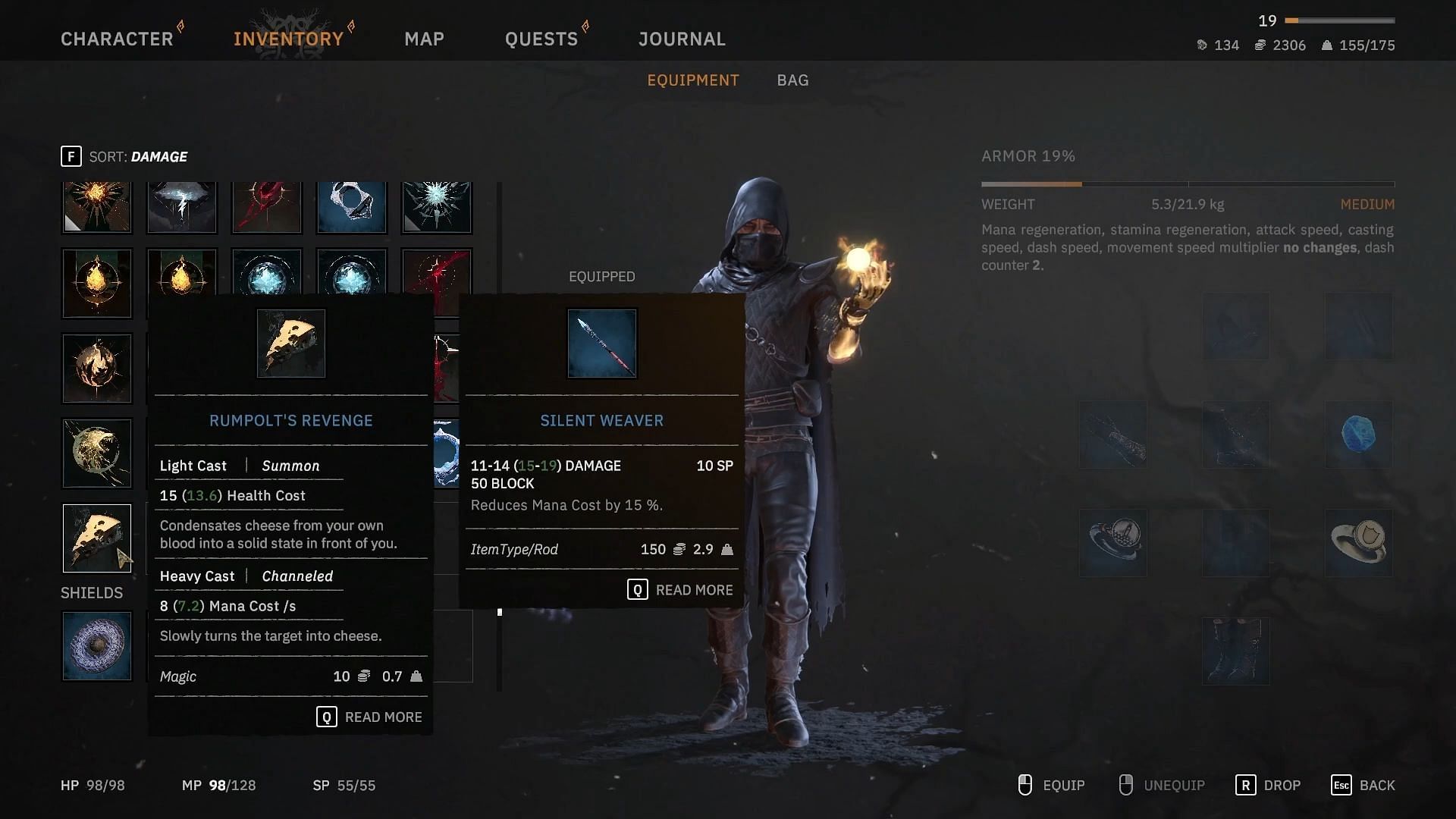 Stats for Rumpolt’s Revenge spell in Tainted Grail The Fall of Avalon (Image via Awaken Realms // Youtube@Secret Arkana)